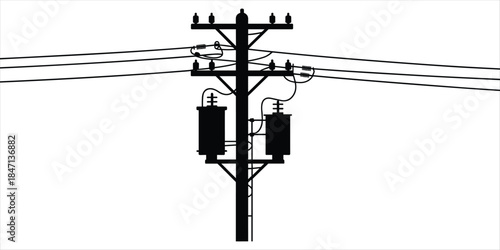 Silhouette of a Utility Pole with Two Transformers and Wires Keywords: utility pole, power pole, electricity, transformer, wires