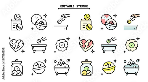 Bath salts bomb icons set. Editable stroke. Vector simple illustration from beauty concept. Bath Bomb Packaging. Sparkling sea salt ball for aromatherapy and relaxation.