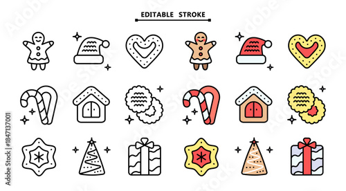 Christmas cookies icons set. Editable stroke. Different gingerbread cookies symbols. Christmas signs depicting various festive elements, bringing holiday cheer and wintertime spirit.