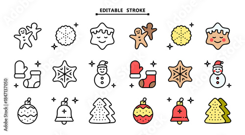 Christmas cookies icons set. Editable stroke. Different gingerbread cookies symbols. Christmas signs depicting various festive elements, bringing holiday cheer and wintertime spirit.