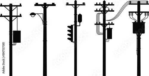 Silhouettes of Electrical Poles with Transformers and Streetlights Keywords: electrical pole, power line, transformer