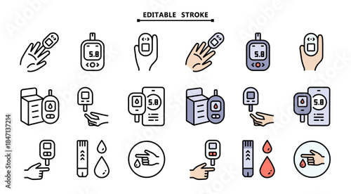 Glucometer Device icons set. Editable stroke. Glucose Test, Diabetic Consultation, Health Support. Performing blood glucose tests using glucometers.