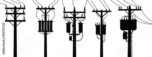 Silhouettes of five wooden utility poles with electrical equipment power line electricity