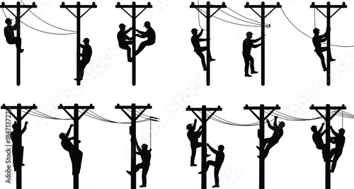 Silhouettes of linemen climbing and working on utility poles with power lines lineman utility worker