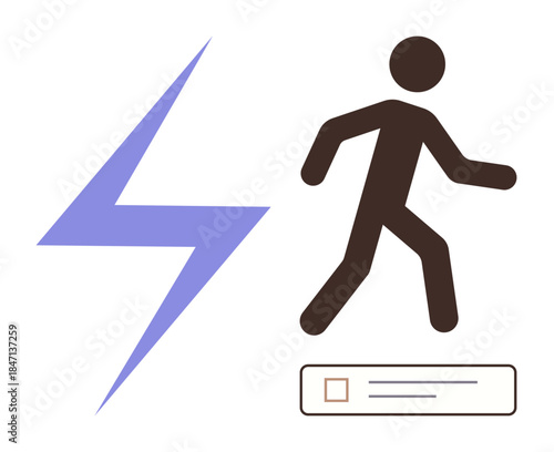 Lightning bolt and walking figure combine to convey energy, activity, progress. Ideal for health, fitness, productivity, motivation, vitality movement themes. A simple flat metaphor