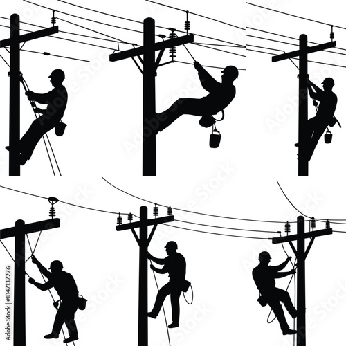 Silhouettes Of Linemen Working On Utility Poles With Electrical Wires vector