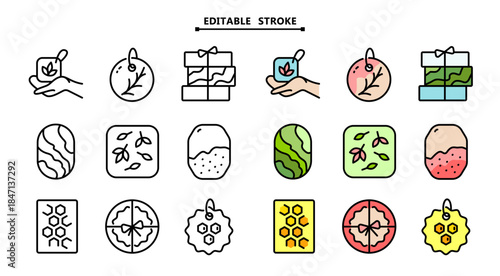 Handmade soap icons set. Editable stroke. A bar of homemade soap. Eco products for spa beauty. Natural cosmetics. Vector isolated illustration of cosmetic hygiene product.