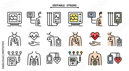 Cardiogram monitoring icon. Editable stroke. Holter monitoring system. Heart beats symbol on screen. Cardiogram sign on white background. Vector simple illustration.