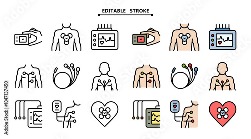 Cardiogram monitoring icon. Editable stroke. Heart beats symbol on screen. Holter monitoring system. Cardiogram sign on white background. Vector simple illustration.