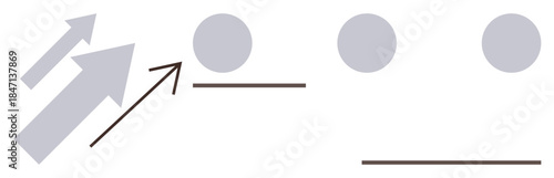 Arrows pointing upward near abstract circles and horizontal lines symbolize progress, goals, achievement, movement. Ideal for growth, innovation, strategy, planning, ambition motivation simple flat