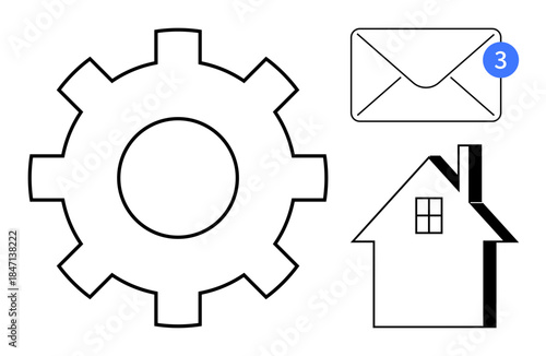 Settings, notifications, home management, communication, technology, organization. Gear icon, notification envelope simple home symbol. Settings and notifications for streamlined communication