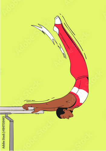 A male gymnast is performing an exercise on parallel bars. Vector illustration.