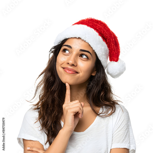 Thoughtful young Indian woman wearing Santa hat thinking with cheerful expression isolated on transparent background