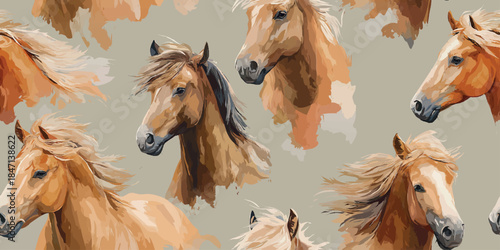 Expressive watercolor style seamless pattern of chestnut horse heads with flowing manes for design, equine branding, fabrics, or western home decor