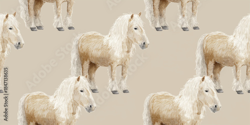 Gentle and realistic seamless pattern featuring fluffy cream-colored Shetland ponies on a soft beige background for nursery design, fabrics, or stationery