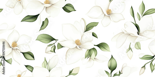 Elegant and minimal seamless pattern of white watercolor magnolia blossoms and soft green leaves for wedding stationery, sophisticated fabrics, or packaging