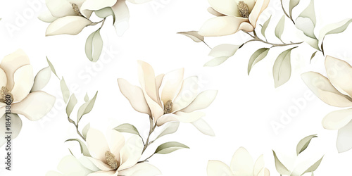 Elegant and minimal seamless pattern of white watercolor magnolia blossoms and soft green leaves for wedding stationery, sophisticated fabrics, or packaging