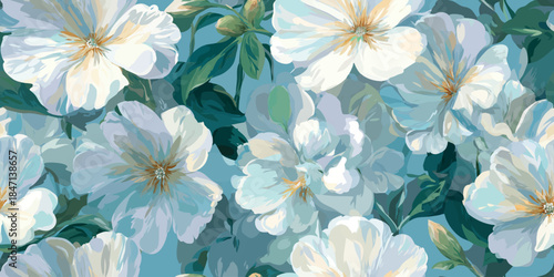 Romantic seamless pattern of large white apple cherry blossom sakura and buds on a light blue background for design, feminine fabrics, luxurious wallpapers, or graceful stationery.