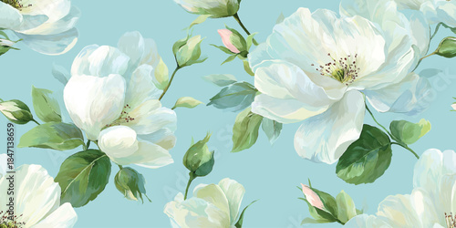 Romantic seamless pattern of large white apple cherry blossom sakura and buds on a light blue background for design, feminine fabrics, luxurious wallpapers, or graceful stationery.