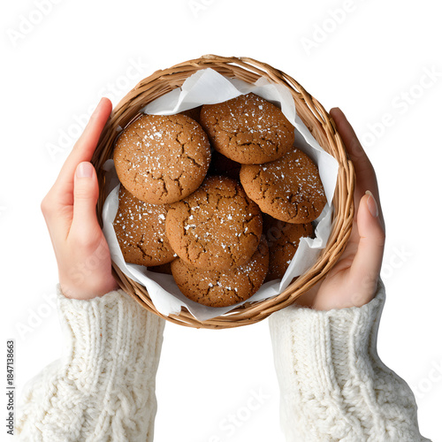 Top view of hands holding wicker basket of gingerbread cookies isolated on transparent background