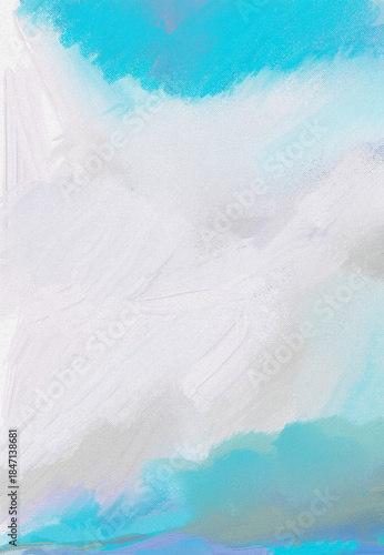 Impressionistic Seascape of Ocean or Lake Shoreline Under Puffy Billowing Clouds in Sky Above - Digital Design, Art, Painting, Illustration, Artwork-In Aqua, Lavender, Gray, Teal