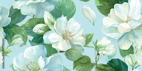 Romantic seamless pattern of large white apple cherry blossom sakura and buds on a light blue background for design, feminine fabrics, luxurious wallpapers, or graceful stationery.