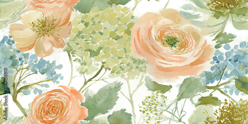 Loose watercolor style seamless pattern with peach roses, sage green foliage, and light blue hydrangeas for design, fabrics, stationery, or children's decor