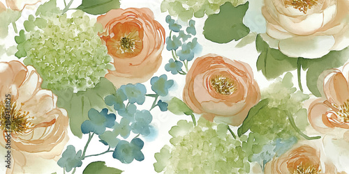 Loose watercolor style seamless pattern with peach roses, sage green foliage, and light blue hydrangeas for design, fabrics, stationery, or children's decor