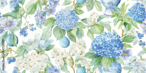 Chinoiserie inspired seamless pattern of blue hydrangeas, white blossoms, and stylized plums or berries for fabrics, wallpapers, or luxury home decor