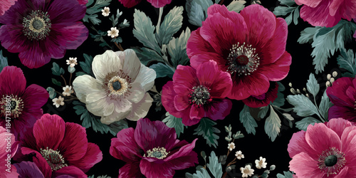 Moody vintage seamless pattern of dark burgundy and cream flowers with gray-green leaves for design, luxury packaging, textiles, or sophisticated home decor