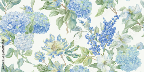 Chinoiserie inspired seamless pattern of blue hydrangeas, white blossoms, and stylized plums or berries for fabrics, wallpapers, or luxury home decor