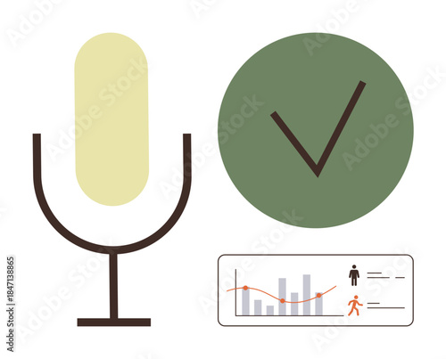 Microphone graphic with a green checkmark indicating approval and a data chart featuring graphs and human figures. Ideal for communication, voice technology, data analysis, approvals, usability