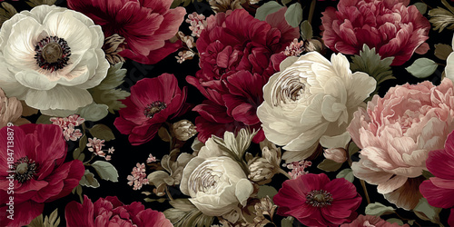 Richly colored seamless pattern featuring white and deep red peonies and anemones on a black background for bold fabrics, wallpapers, or sophisticated branding