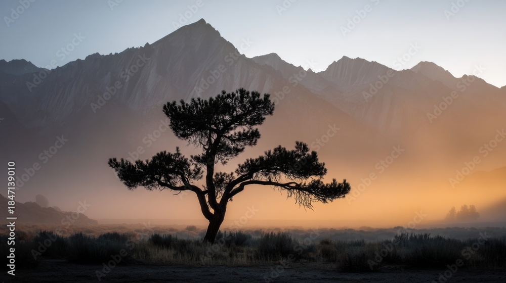 Obraz premium A tree stands alone against a backdrop of mountains at sunrise. The valley is filled with mist creating a natural scene with soft light. The moment captures the start of a new day.