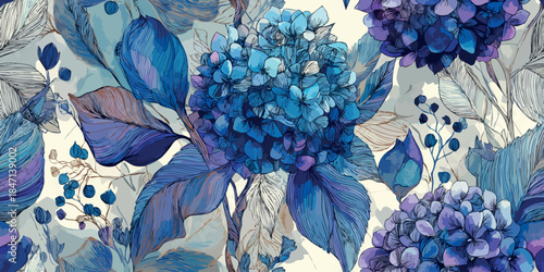 Artistic seamless pattern of blue and purple hydrangeas with sketchy watercolor and line-art details for design, modern fabrics, or unique home decor