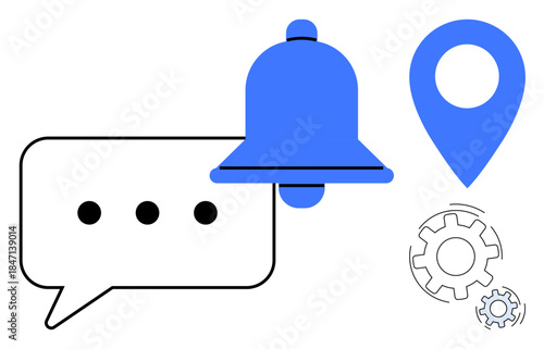 Communication, notifications, location services, mobile apps, technology settings, workflow optimization. Speech bubble, notification bell map pin and gears. Notifications and communication concept