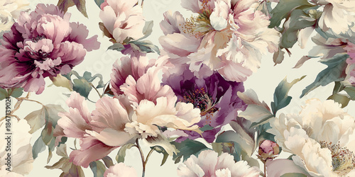 Watercolor style seamless pattern with lush pink, cream, and purple peony flowers for design, fabrics, stationery, or luxurious home decor