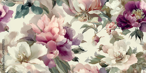 Watercolor style seamless pattern with lush pink, cream, and purple peony flowers for design, fabrics, stationery, or luxurious home decor