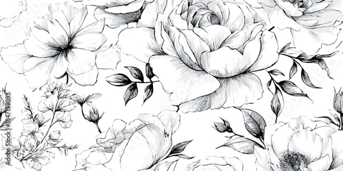 Hand-drawn black and white seamless pattern featuring detailed rose and peony outline sketches for design, fabrics, packaging, or custom stationery