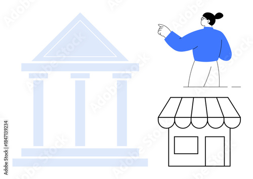 Financial transactions, small business management, economic operations, entrepreneurship, decision-making, growth strategy. A bank, storefront and a woman pointing. Financial transactions and small
