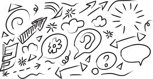 Hand drawn vector illustration of an abstract tree and background pattern set featuring artistic doodle sketches and cartoon animal elements for seamless wallpaper decoration