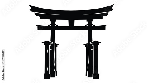 A striking black silhouette of a traditional japanese torii gate against a plain white background