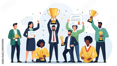 Triumphant Team Celebration: An illustration of a victorious team celebrating success, lifting trophies and certificates amidst confetti, symbolizing achievement and reward.