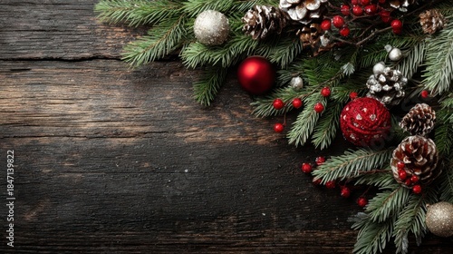 Fir branches with Christmas decor on dark wooden background, top view