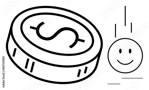 Money concept. Dollar symbol on coin and smiling face moneys connection to happiness. Money, emotions, and well-being intertwined. For finance, psychology, mindset, business