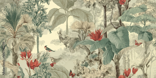 Vintage engraved style seamless pattern of a tropical jungle with palm leaves, birds, and butterflies for exotic wallpapers, fabrics, or luxury packaging