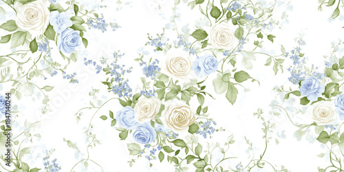 Delicate watercolor seamless pattern of pale blue and cream roses with green foliage on a white background for gentle fabrics, wedding stationery, or baby decor