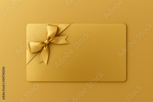 Gold gift card with a gold ribbon bow laying on a gold background for luxury holiday rewards or premium celebration shopping voucher mockup