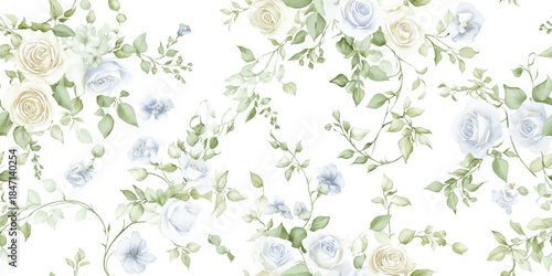 Delicate watercolor seamless pattern of pale blue and cream roses with green foliage on a white background for gentle fabrics, wedding stationery, or baby decor