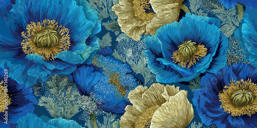 Striking contemporary seamless pattern of large blue poppies and gold foliage with a stipple texture for bold textiles, eye-catching packaging, or modern branding